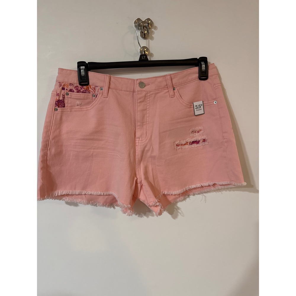 Time and Tru Womens High Rise Floral Accent Denim Shorts Pink Size 14 NWT